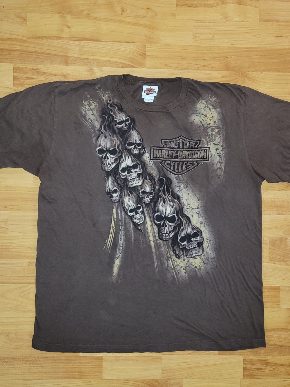 Harley-Davidson Skulls Flames 2XL Biker Racing Grunge Brown T-shirt